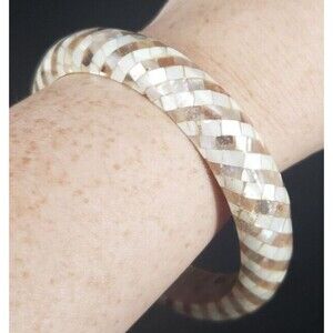 Vintage Mother Of Pearl White Mosaic Inlaid Bangle Bracelet